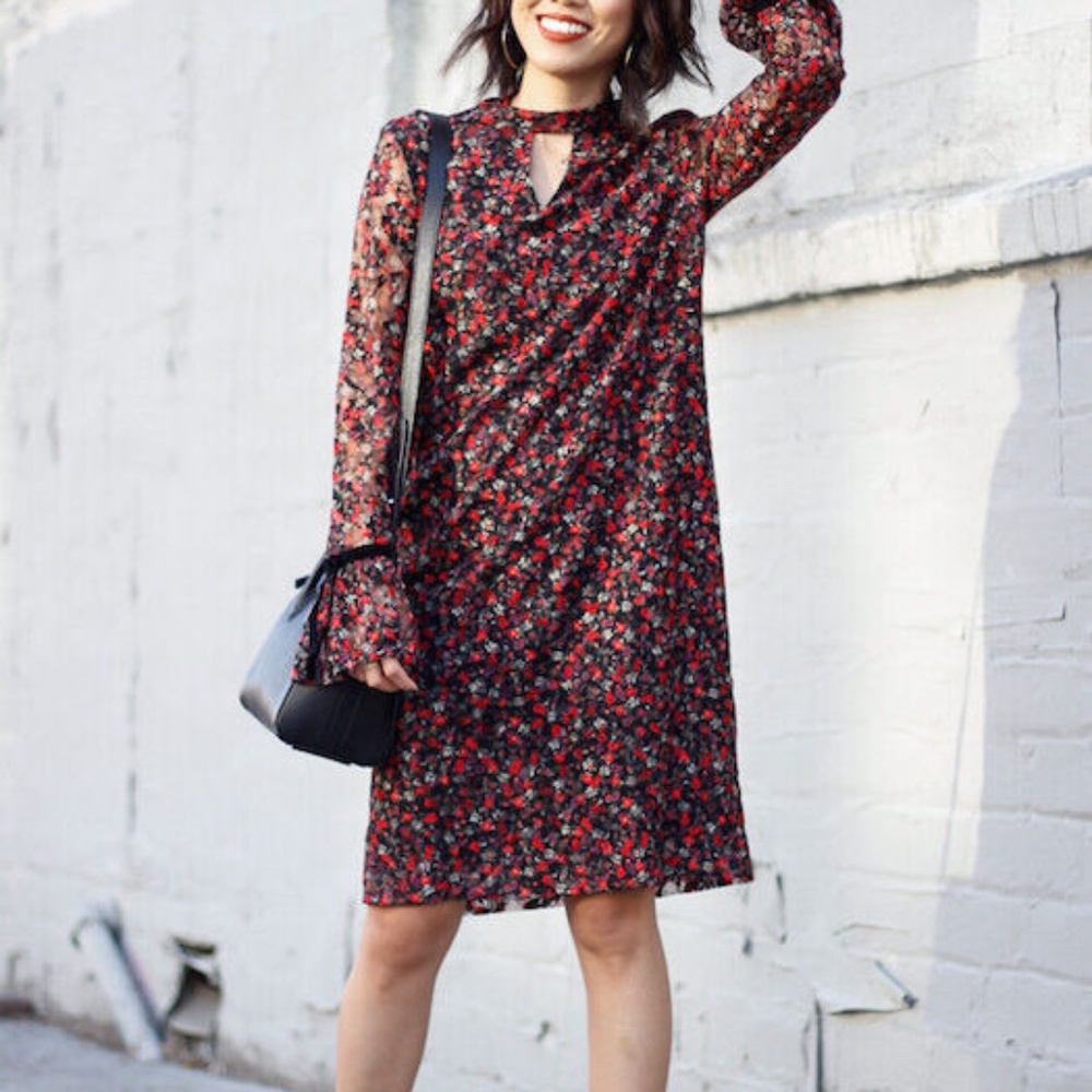Libby Edelman L All Over Floral Mini Dress Flower Boho Sheer Flare Sleeve 90s